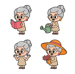 set of old lady working in garden 4 set isolated on white background
