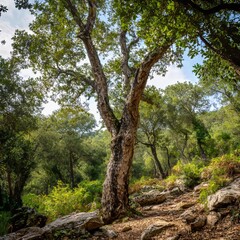 a solitary cork oak tree with rugged bark and green leaves in a Mediterranean forest