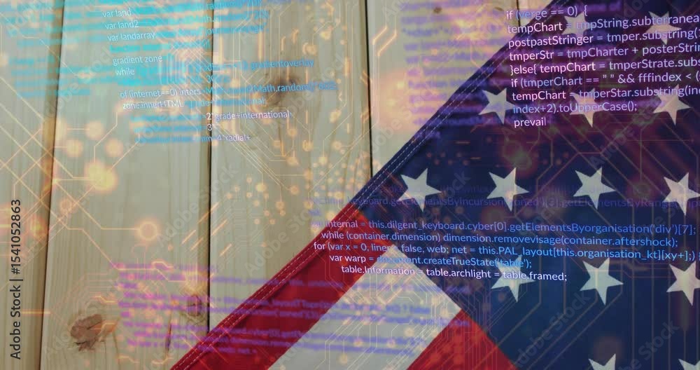 Poster circuitry appearing on plank wall triggers overlay pulsing nodes, code scrolling behind flag