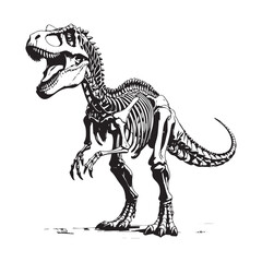 Detailed Black and White Illustration of a Tyrannosaurus Rex Skeleton a Prehistoric Predator on a Plain White Background