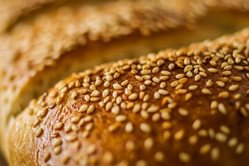 Close up view of sesame seeds on a freshly baked loaf of bread highlighting texture and freshness