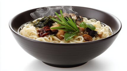 Steaming ramen bowl features delicious broth noodles and toppings. AI generated.