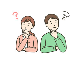 顔に手を当てて悩む成人男女夫婦の上半身イラスト