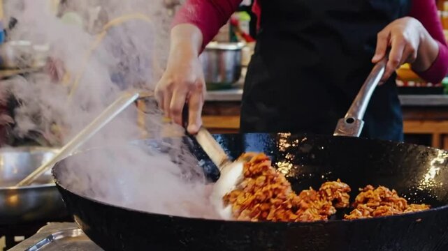Street food cooking scene with steam rising, captured from a low angle. The video showcases vibrant market life and culinary skills in action.