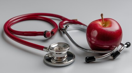 Stethoscope forming heart shape with red apple symbolising healthcare wellbeing. AI generated