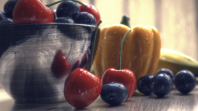 Fresh cherries and blueberries in a bowl, with a bell pepper and banana in the background
