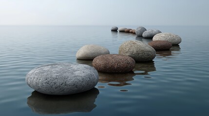 Stones hover water calm balance creating perfect mental meditation. AI generated.