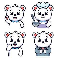 Four cartoon polar bear characters with different poses and outfits on a white background illustration