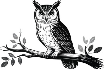 Illustration of an owl perched on a branch with leaves in grayscale