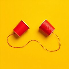 Two red paper cups connected by a string, forming a makeshift telephone on a yellow background