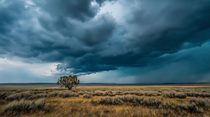 Storm clouds gather over grassy plains dramatic lighting wild nature. AI generated