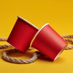 Two red paper cups on a yellow surface, resting on a loop of rope. A simple image with multiple possible interpretations, great for various creative uses. 