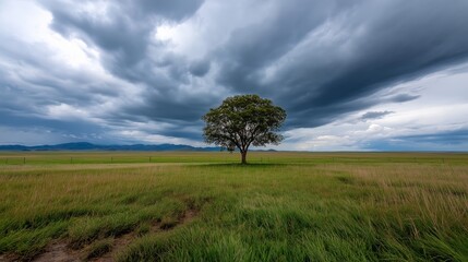 Stormy climate over plains with lone tree nature wild. AI generated.