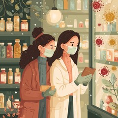 Two doctor with mask standing in shop that related to medicine