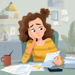 A woman looks stressed and sad while reviewing financial documents at her desk