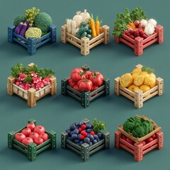 Assortment of vibrant, fresh vegetables and fruits arranged in wooden crates