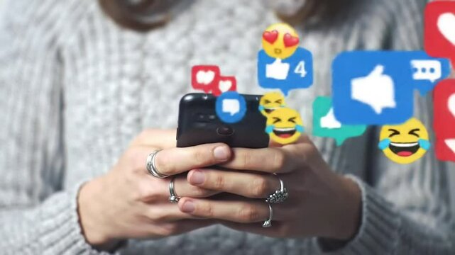 Woman Using Smartphone with Social Media Likes, Comments, and Emojis