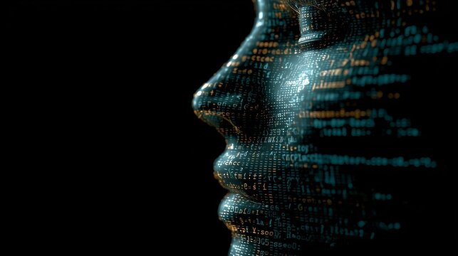 Stylized robot head formed by code on dark background shows technology. AI generated.