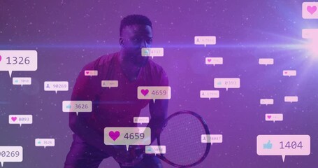 Tennis player tracking ball and swinging racket driving rising social media engagement icons - Powered by Adobe