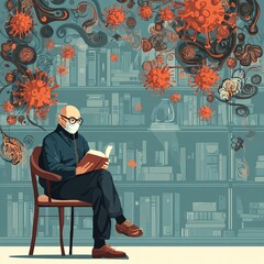 An elderly person reads in library with coronavirus particles