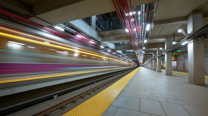 Subway train motion with colorful light streaks underground platform. AI generated.