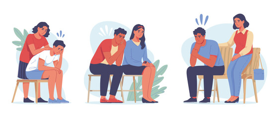 Obraz premium Three scenes of people comforting each other with gentle touch and concerned expressions showing support