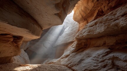 Sunbeam cuts through limestone cave dust with rich texture. Light exploration geology depicted. AI generated.