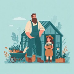 A heartwarming scene depicts a father and daughter in a vibrant garden, surrounded by lush greenery and a charming greenhouse