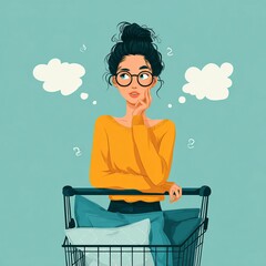 A thoughtful woman shopping and pondering choices, illustrated with thought bubbles above