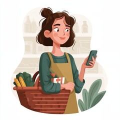 A woman shopping with a basket of groceries and her phone