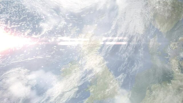 Earth zoom in from space and focus on Crieff, Scotland, Perth and Kinross, Great Britain. Background for travel intro or blog. Satellite view. 3D style Animation. Images from NASA.
