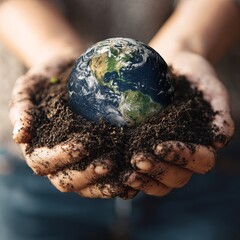 Hands cradling Earth. A close-up shot of hands holding the planet earth in soil