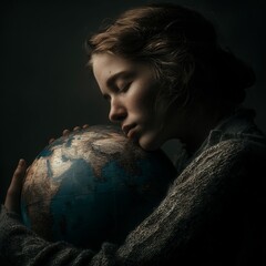 A young woman tenderly embracing the world with a gentle touch, radiating love and care