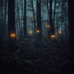 Obraz premium A spooky Halloween forest with glowing eyes in the dark