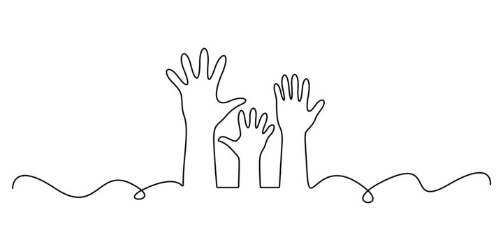 Hands up, raised up volunteering, audiences and teamwork continuous one line drawing. Single line art style hands up, raised up volunteering, teamwork and audiences. Vector illustration