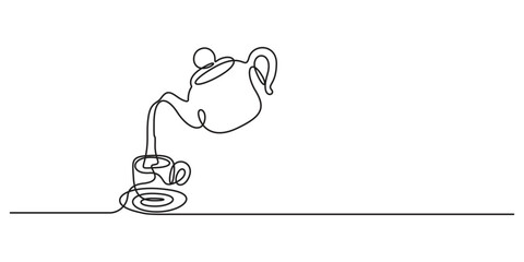 Tea or coffee pouring, Continuous one line drawing isolated on white background vector illustration