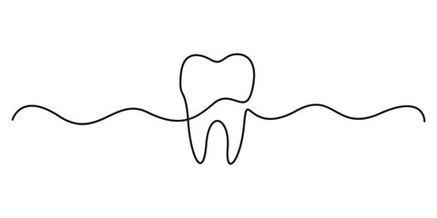 Obraz premium Continuous one line drawing human tooth. Dentistry Single line icon. Medical symbol. Doodle one line art vector illustration