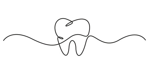 Continuous one line drawing human tooth. Dentistry Single line icon. Medical symbol. Doodle one line art vector illustration