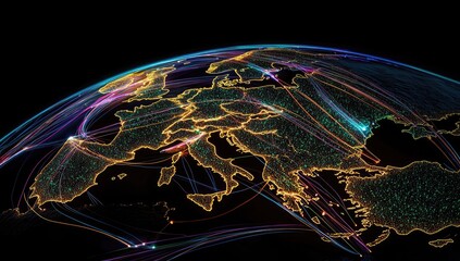 Global network map of Europe.  Intricate lines and points connect countries, forming a dynamic, glowing web.