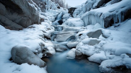 Winter waterfall scene with icicles snow and frozen rocks. AI generated.
