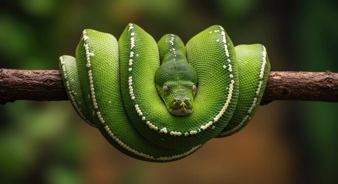A green tree python coiled on a branch.  Close-up focus