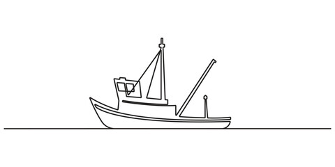 Continuous one line drawing of fishing boat. Single line art style boat. Minimal outline design fishing boat concept vector illustration
