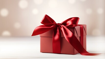 "A beautifully wrapped gift box with a satin red ribbon bow, placed on a white background. The shadows and highlights bring out the elegance of the packaging."