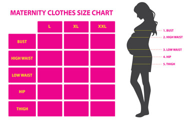 Set illustration of Maternity Clothes Size Chart with Dress Measurement Guide
