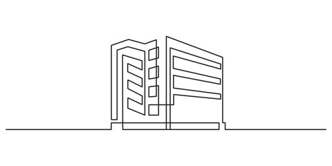 Continuous one line drawing of modern building architecture. Real estate building in single line draw illustration. Editable stroke. Doodle vector illustration