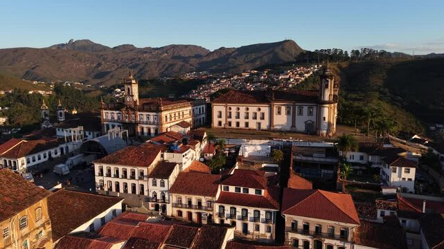 Aerial view of the historic center of Ouro Preto, Minas Gerais, Brazil - historic city founded in the 18th century during the Gold Cycle with houses of Portuguese colonial architecture 