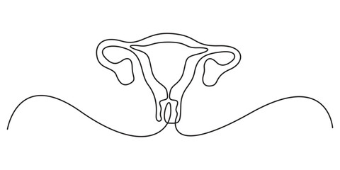 Continuous one line drawing of women's Uterus and Ovary. Single line Female reproductive system uterus isolated on white background vector illustration