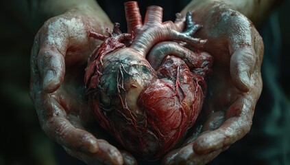 A bloody heart held in stained hands