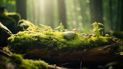 A close-up of a mossy rock in a forest, with tiny plants and fungi growing on the surface, and soft beams of sunlight filtering through.