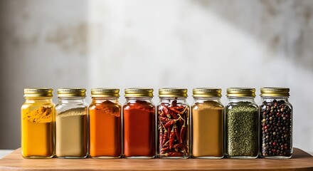 Spices organized by color in glass jars, front view